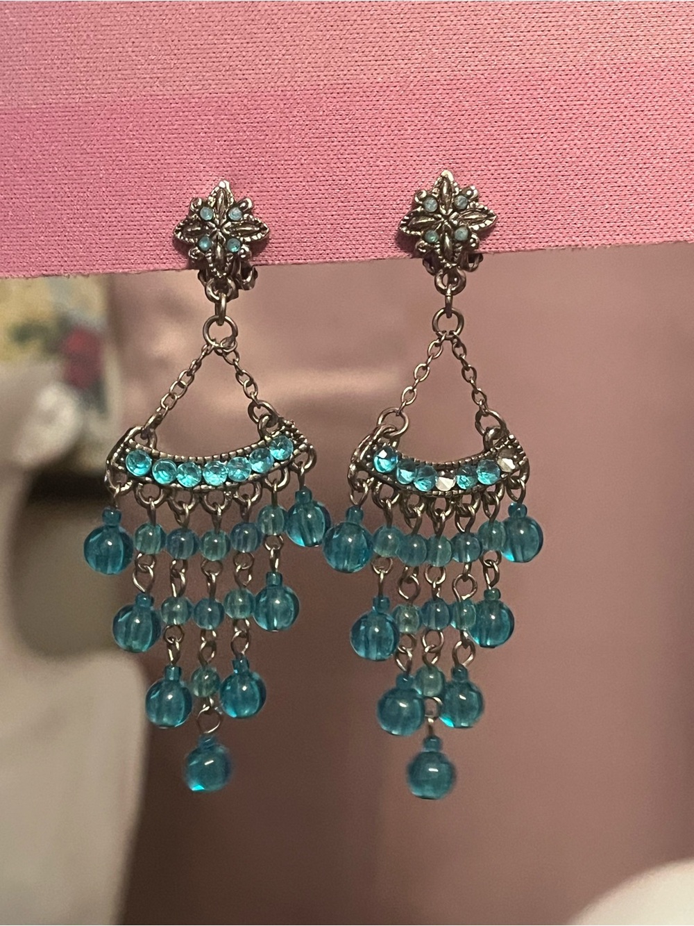 Silver-tone Clip-on Chandelier Earrings With Dangling Blue Beads
